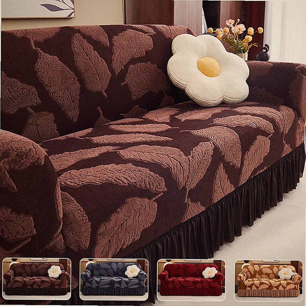 1/2/3/4 Seater Jaquard Sofa Cover w/ Skirt High Stretch Couch Protector Non Slip