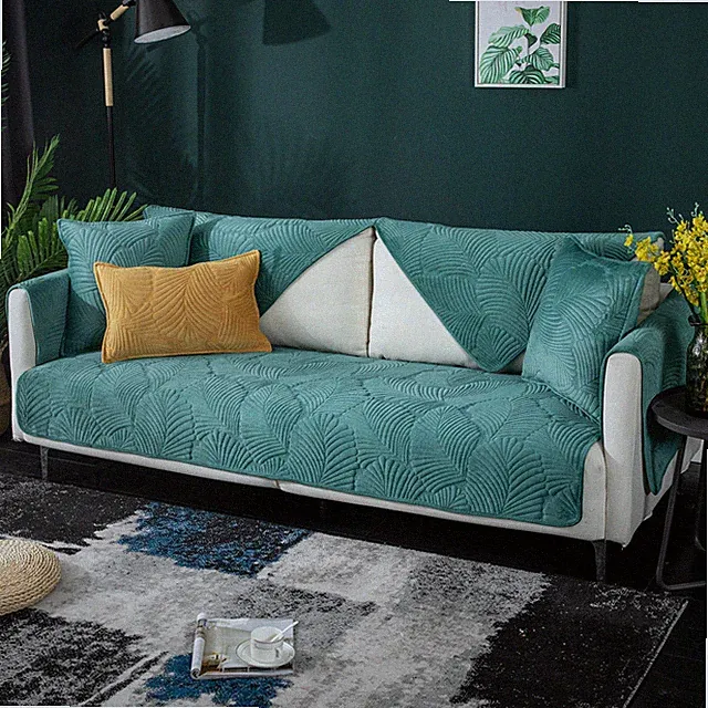 1/2/3 Seater Quilted Sofa Cover Pad Soft Velvet Slipcover Embossed Leaf Pattern