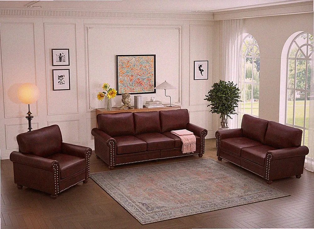 1+2+3 Sectional Sofa Set with Storage Faux Leather Seating, Burgundy