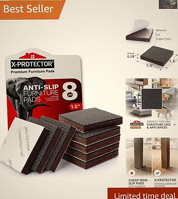 1.5" Square Non-Slip Furniture Feet - 8 Durable Rubber Pads for Floor Protection