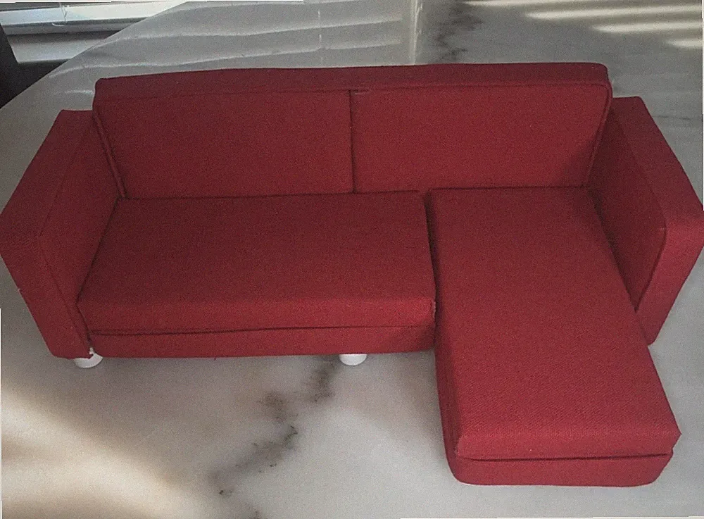 1:6 Scale Red & White Dollhouse Miniature Sectional Sofa with Chaise