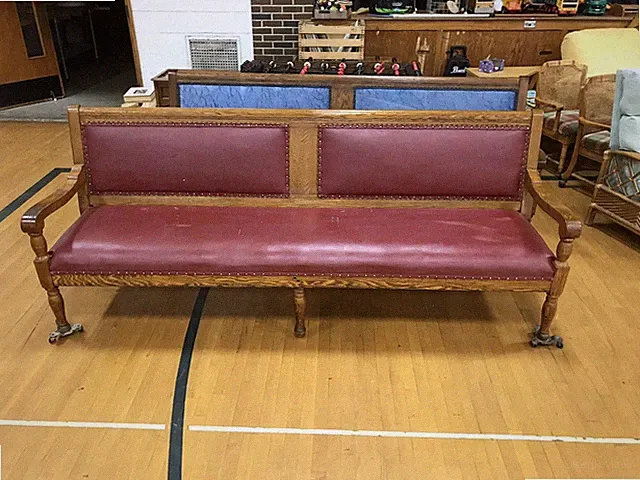 1 OF 2 ANTIQUE VTG WOOD LEATHER/VELVET COUCH THIS ITEM IS SOLD CAN"T DELETE