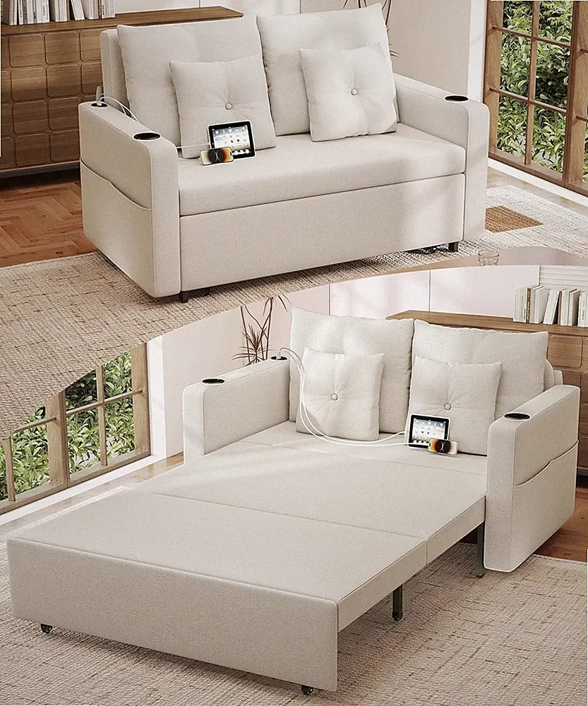 1 Pull Out Couch, 56 Inch Convertible Sleeper Sofa Bed, Loveseat with Cup
