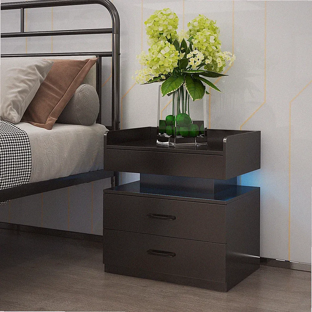 1 Set Nightstand with Adjustable LED Strip Light, 2-drawers, Large Storage Spa