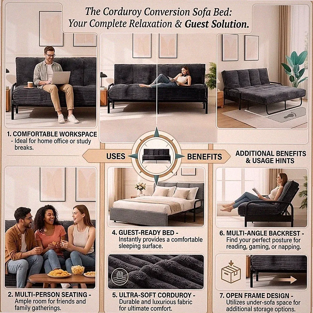 10" Futon Mattress Full Size,Futons Sofa Couch Bed with Straps, Thick Corduroy F