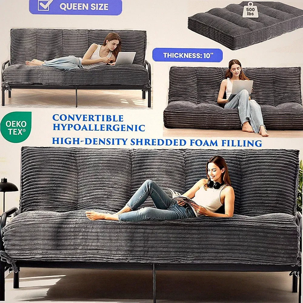 10" FUTON MATTRESS QUEEN SIZE FOAM FUTON SOFA COUCH CORDUROY FLOOR BED GREY NEW