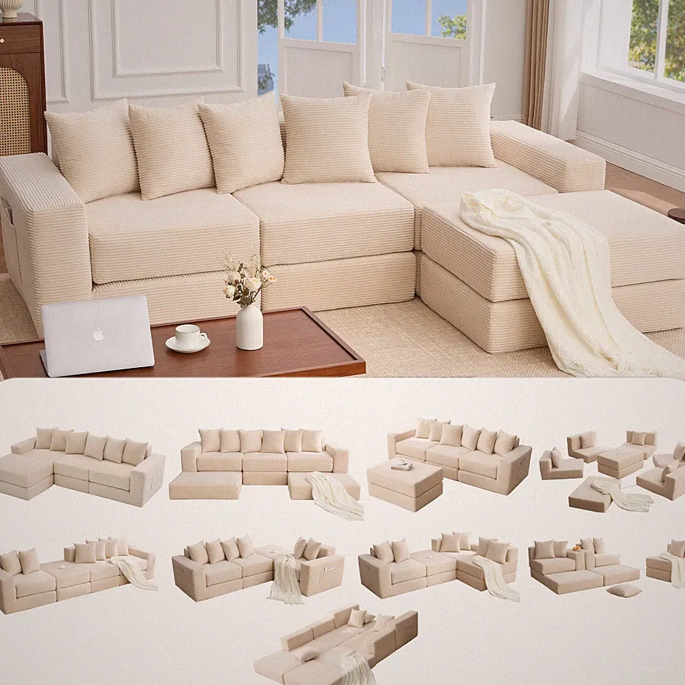 10-in-1 Convertible Sectional Sofa w/Side Pocket, Corduroy, Beige, No Assembly