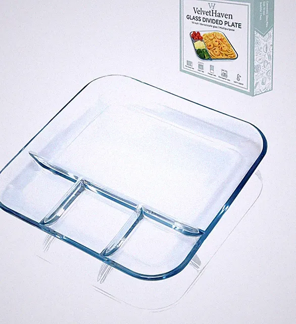10 Inch Glass Divided Plates for Adults, 4 Compartment Sectioned Dinner Plate