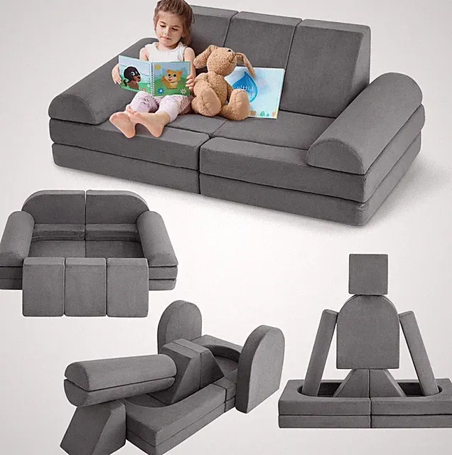 10 Pcs Kids Play Couch Modular Foam Toddler Couch Ball Pit Convertible Gray