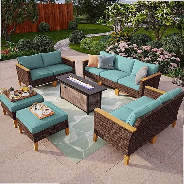 10 Pcs Patio Furniture Set Outdoor Conversation Set Rattan Sofa w/Fire Pit Table