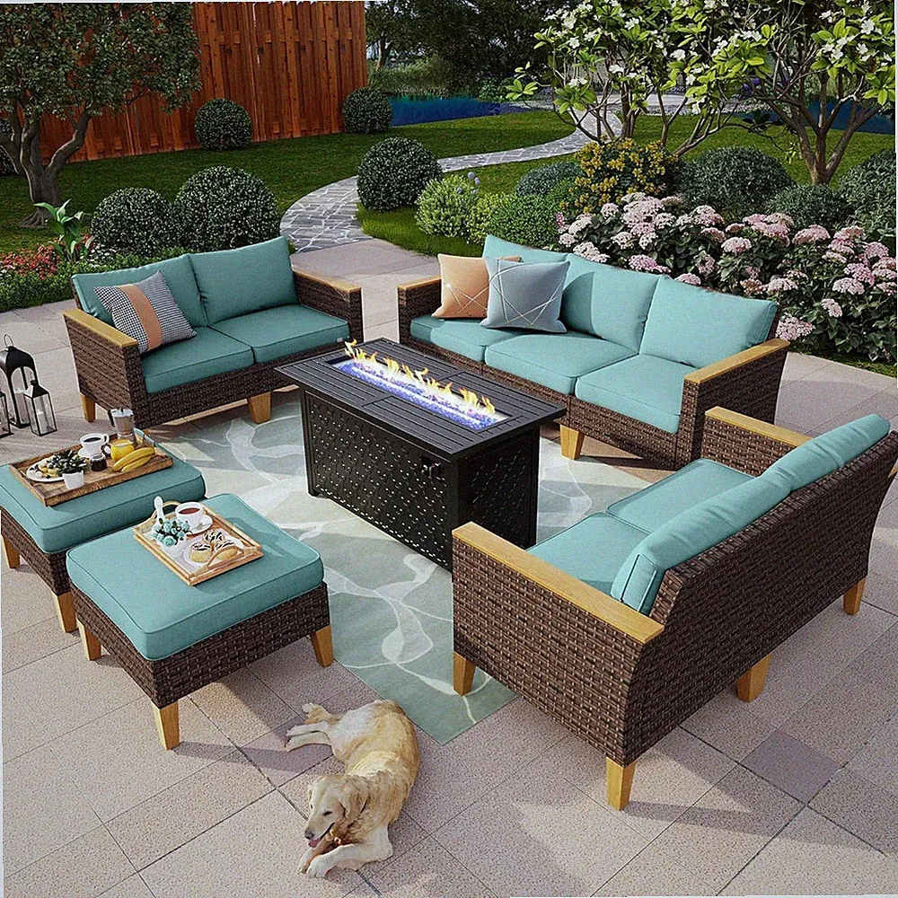 10 Pcs Patio Furniture Set Outdoor Conversation Set Rattan Sofa W/Fire Pit Table