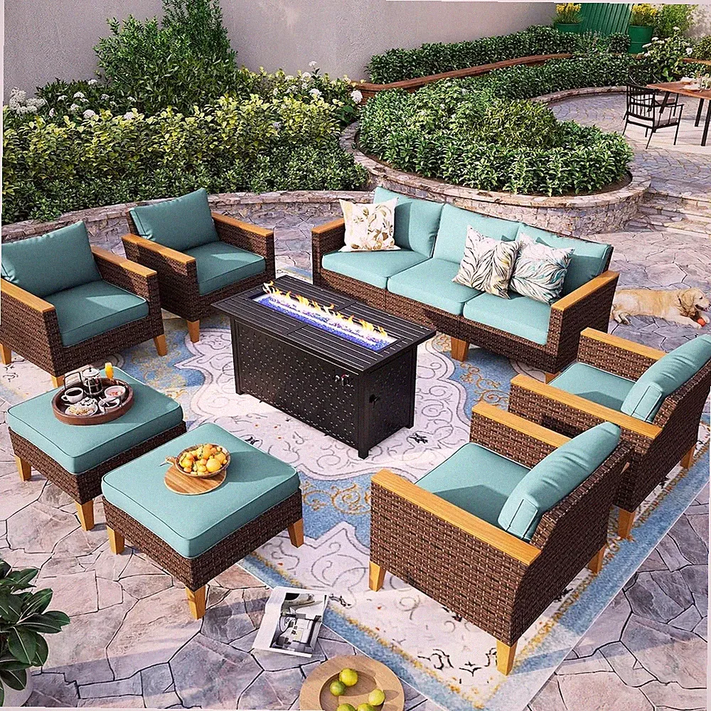 10 PCS Patio Furniture Set Outdoor Conversation Set Rattan Sofa w/Fire Pit Table