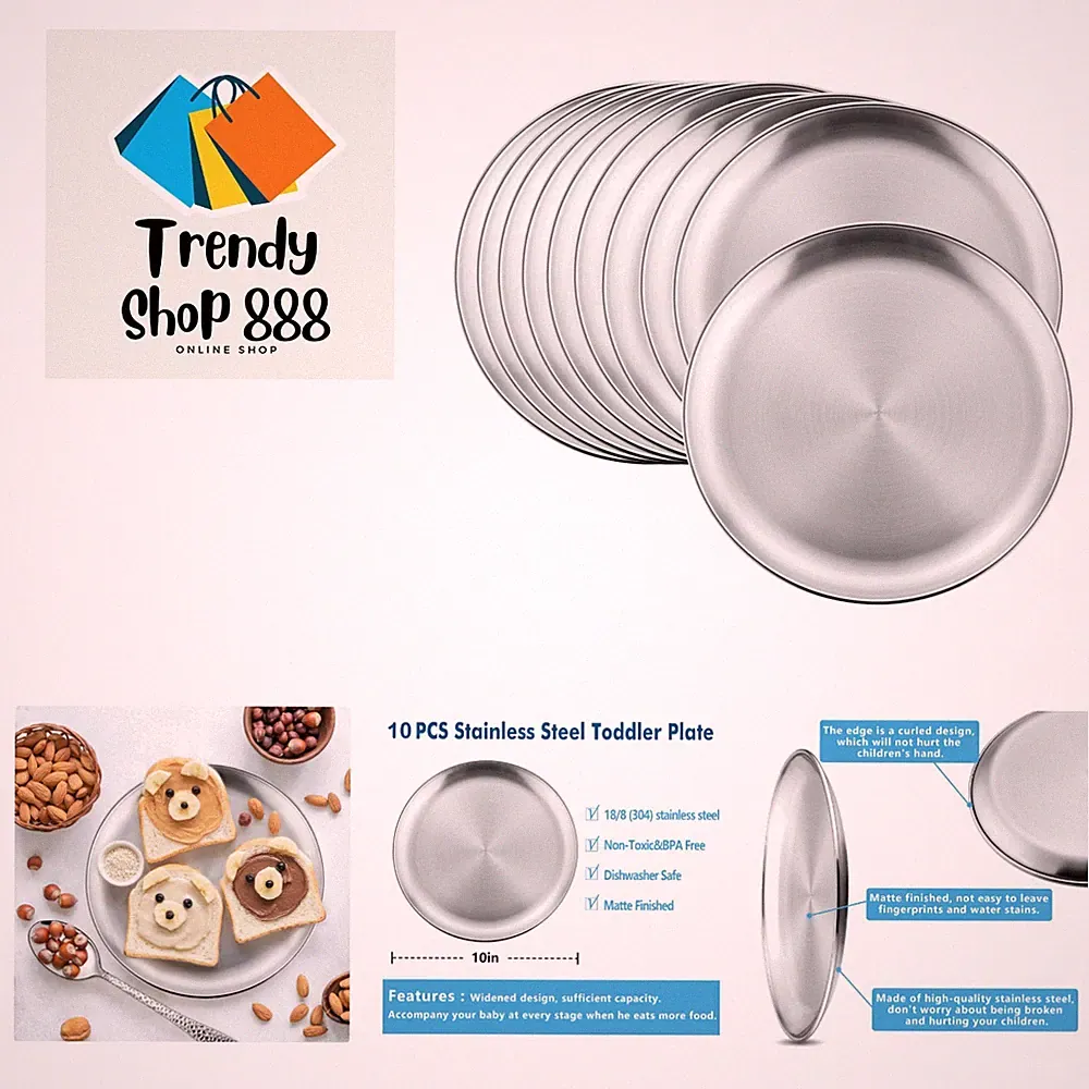 10-Piece 18/8 Stainless Steel Plates, Metal 304 Dinner Dishes for Kids Toddle...