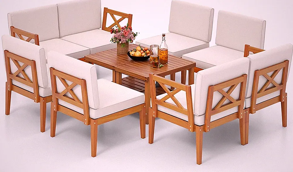 10 Pieces Acacia Wood Patio Furniture Set, Outdoor Sectional Conversation Set wi