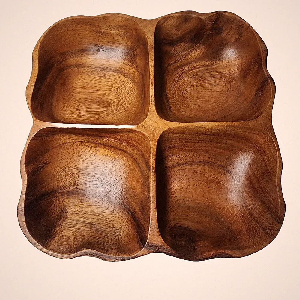 10" Square Wood Serving Dish 4 Sections Appetizer Tray Hand Crafted Philippines