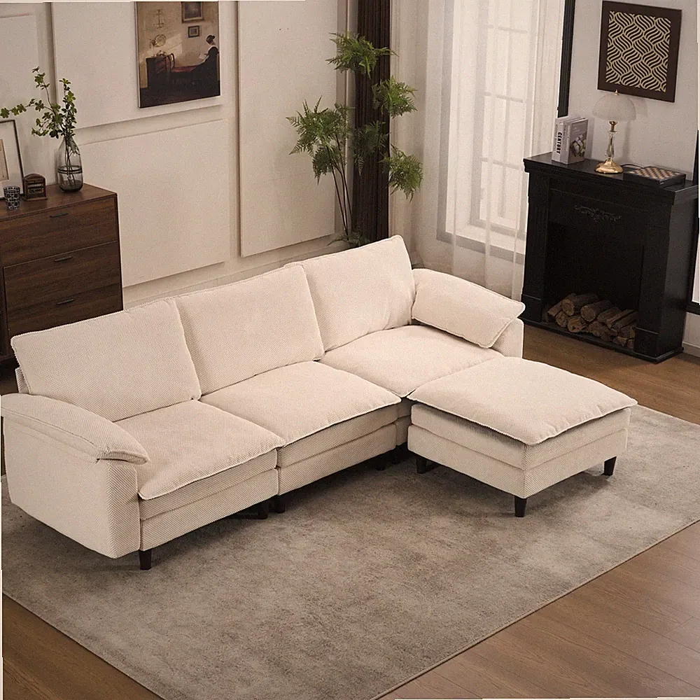 100.39" L-Shaped Cloud Sectional Sofa, 3-Seat Chenille, White & Black