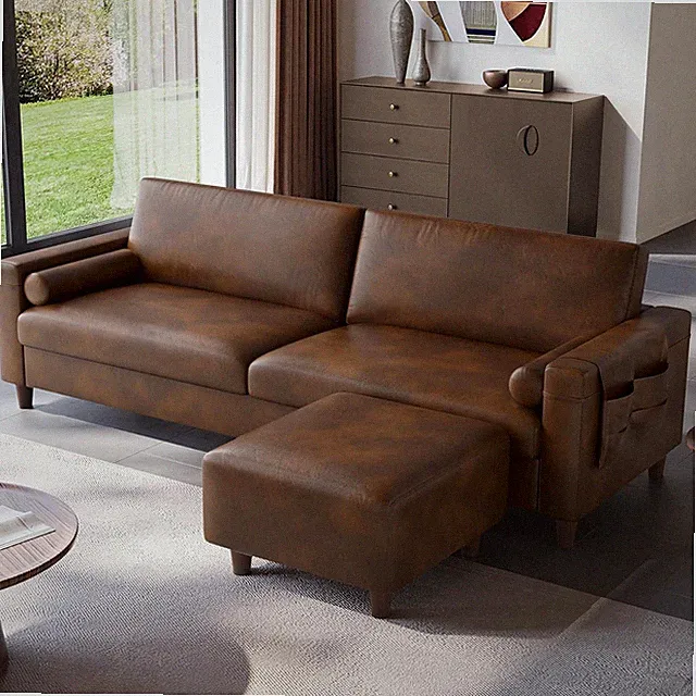 100" Cocoa PU Faux Leather L-Shaped Sofa with Ottoman & Side Pocket