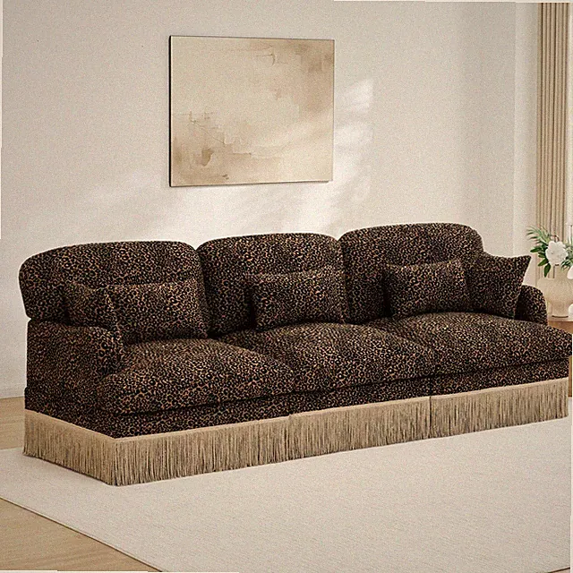 100" Comfy Chenille Leopard Printing 3-Seater Sofa,Delicate Tassel Edge,Modern