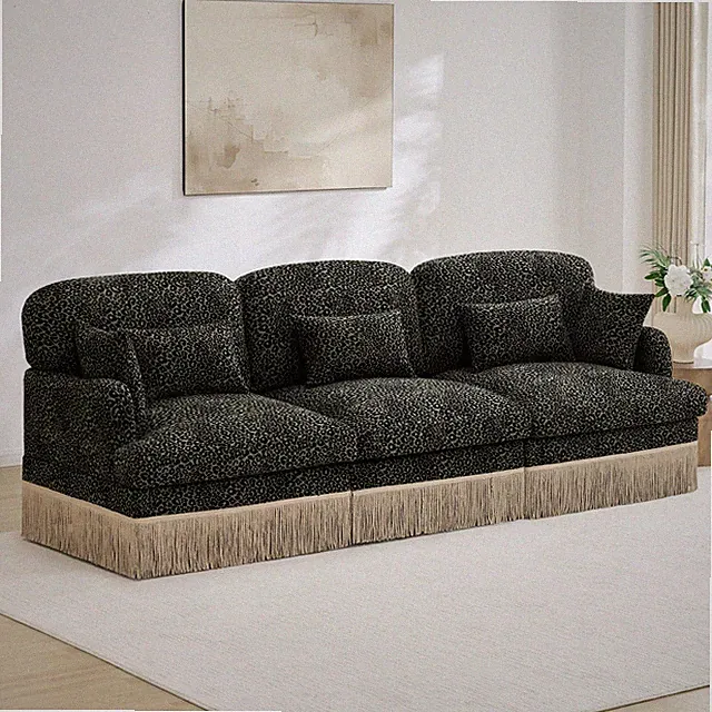 100" Comfy Chenille Leopard Printing 3-Seater Sofa,Delicate Tassel Edge,Modern F