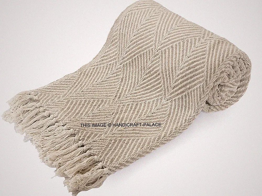 100% Cotton BEIGE Woven Herringbone Sofa Chair Bed Throw Fringed Blanket Woven
