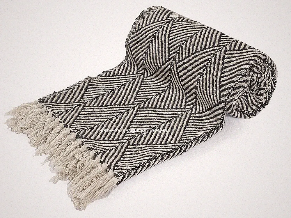 100% Cotton Black Natural Herringbone Tweed Throw Bed Sofa Fringed Large Woven