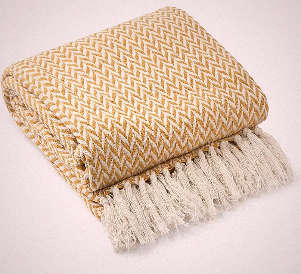 100% Cotton Herringbone Throw Ochre Yellow Fringe Tassel Sofa Bed Chair Blanket