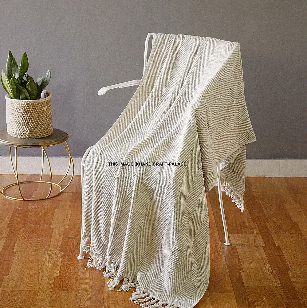 100% Cotton White Woven Herringbone Sofa Chair Bed Throw Fringed Blanket Woven