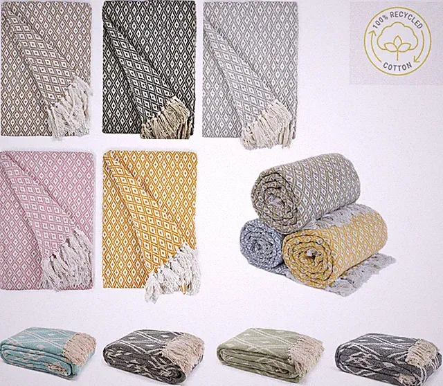 100% Cotton Woven Diamond Geometric Scandi Sofa / Bed Throw in 4 colours 3 Sizes