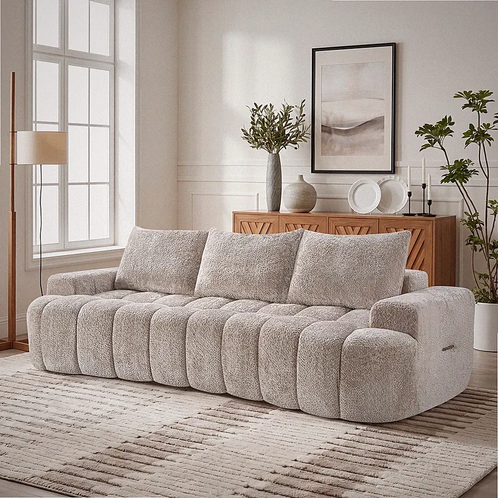 100" Curved Front Compressed Sectional Sofa, 3-Seat Boucle Couch