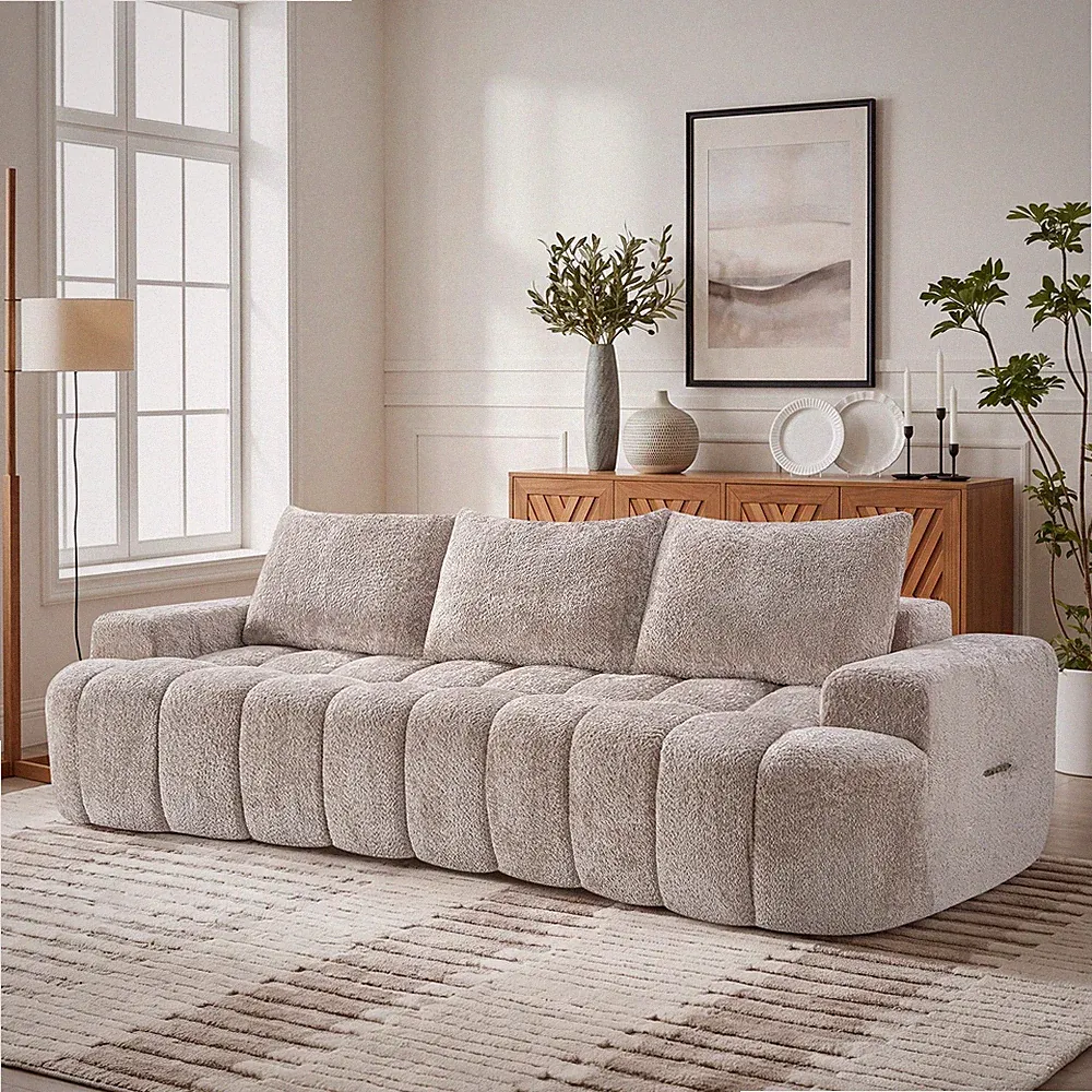 100" Curved Front Sectional Sofa, 3-Seat Boucle Couch, Camel