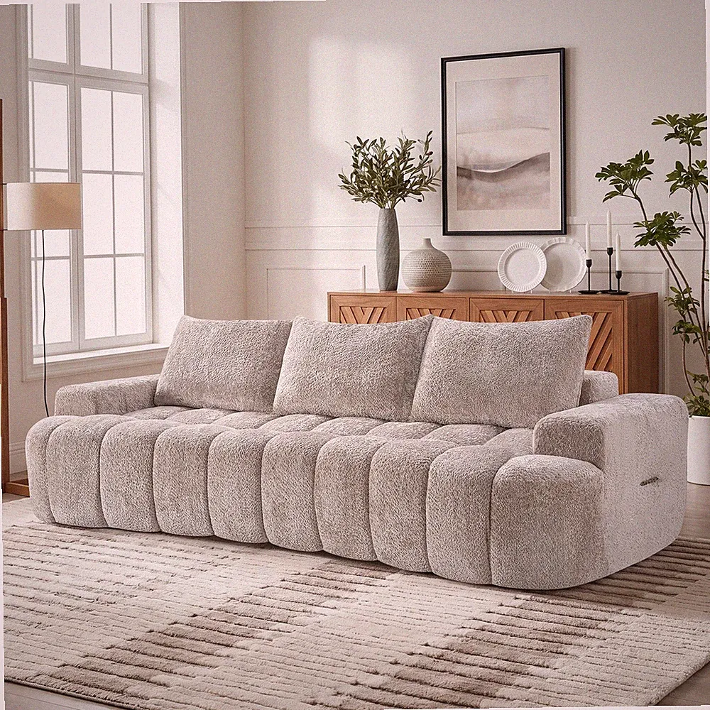 100" Curved Front Sectional Sofa, 3-Seat Boucle Couch, Camel