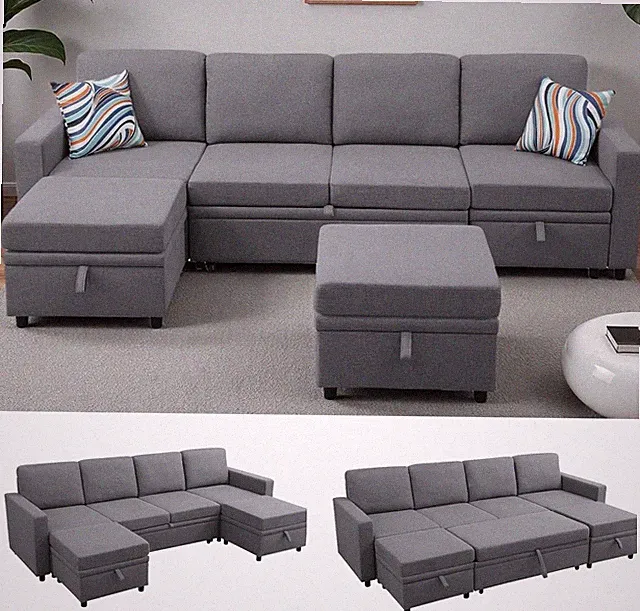 100" Dark Grey Pull Out Couch, Convertible Sofa Bed with Ottoman Storage