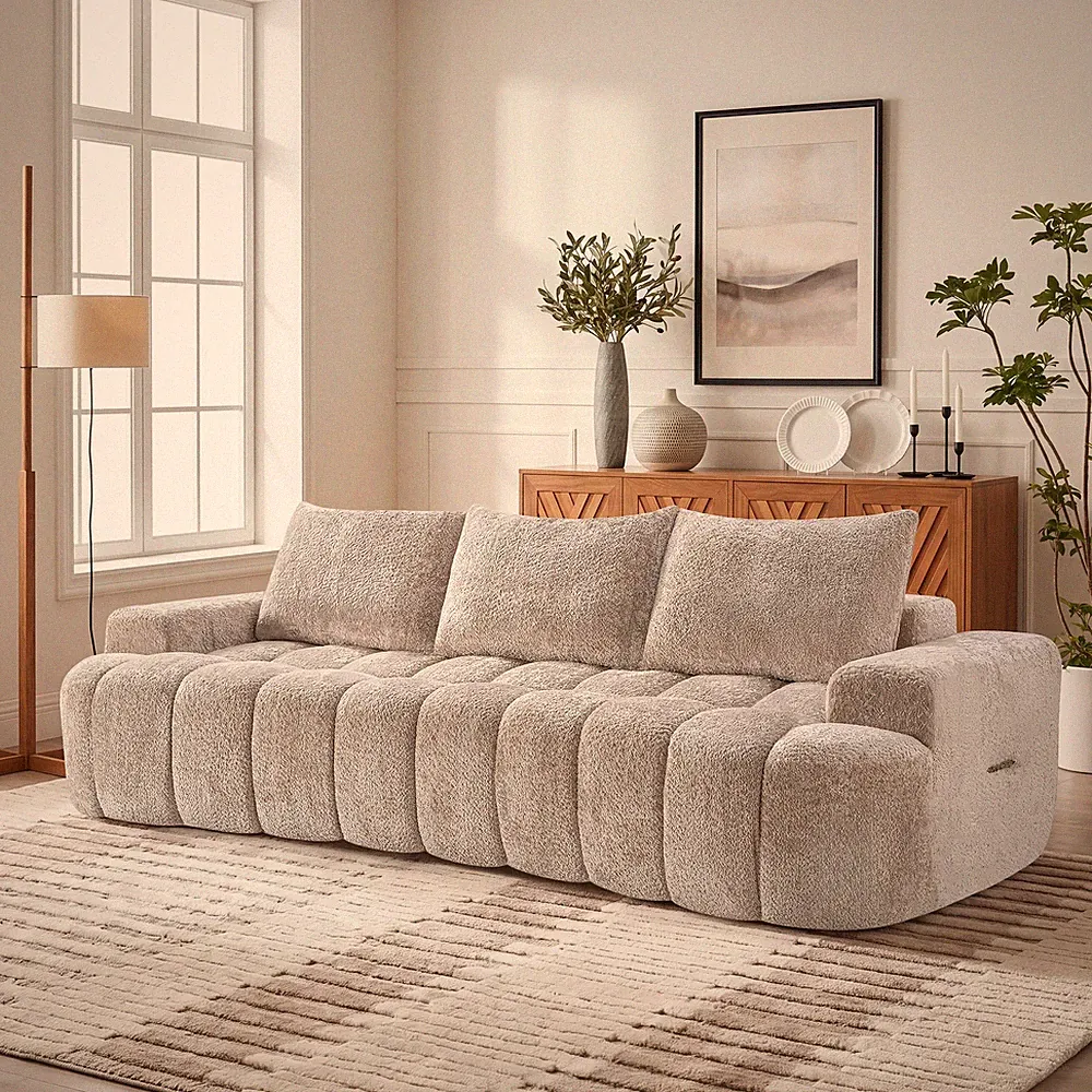100" Extra Large Curved Front Compressed Sectional Sofa, 3-Seat Cloud-Like Boucl