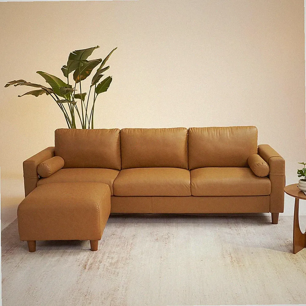 100" Faux Leather L-Shaped Couch with Ottoman & Side Pocket - Camel