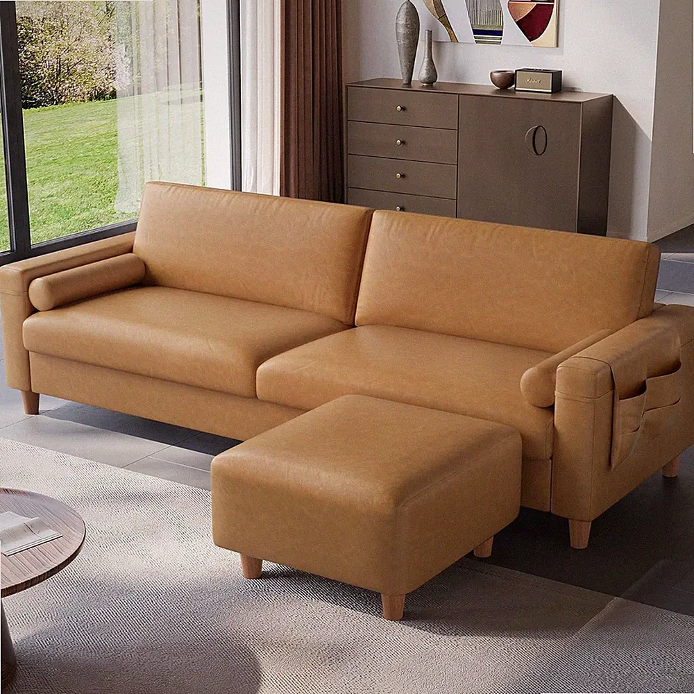 100" Faux Leather L-Shaped Sofa with Ottoman & Side Pocket, Camel