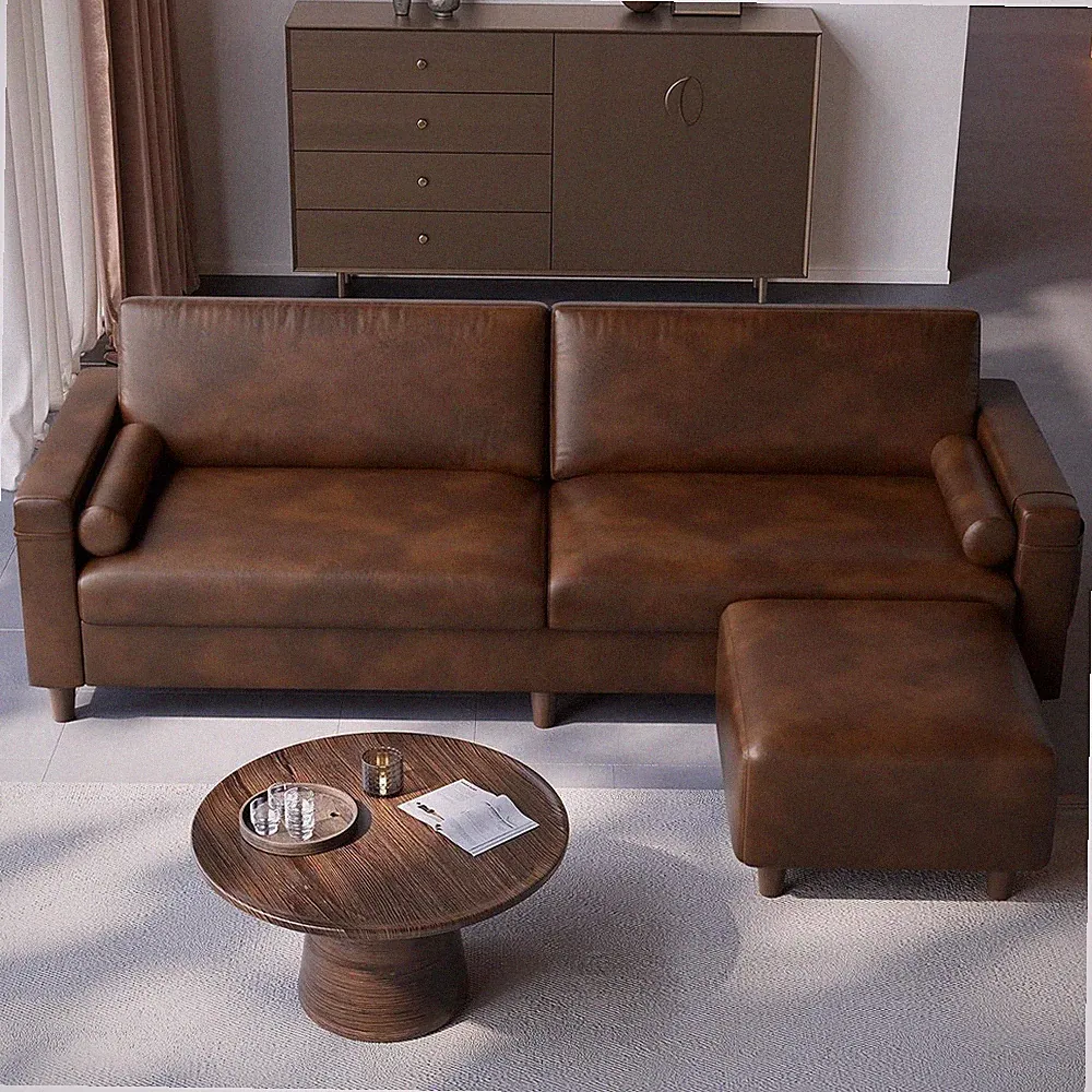100" Faux Leather Sofa with Movable Ottoman, Wide Seating L Shaped PU Leather