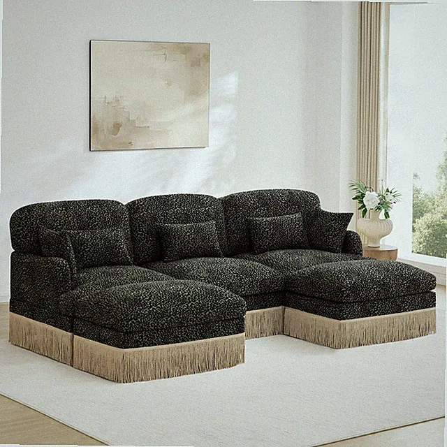 100" Green Leopard Print Chenille Sofa w/ 2 Ottomans, 3-Seat Sectional