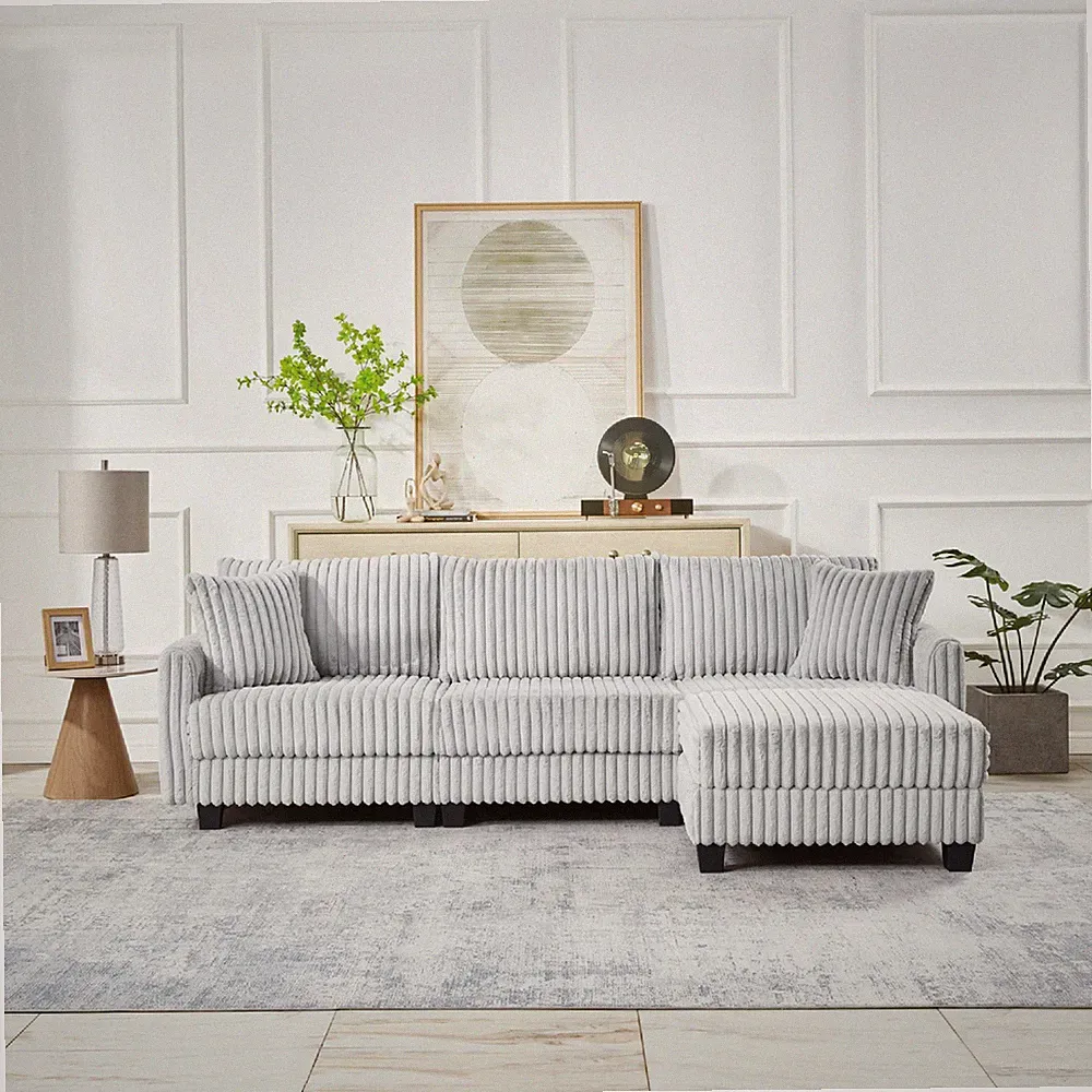 100-inch corduroy fabric sofa with L-shaped modular 3-seat convertible sofa, bu