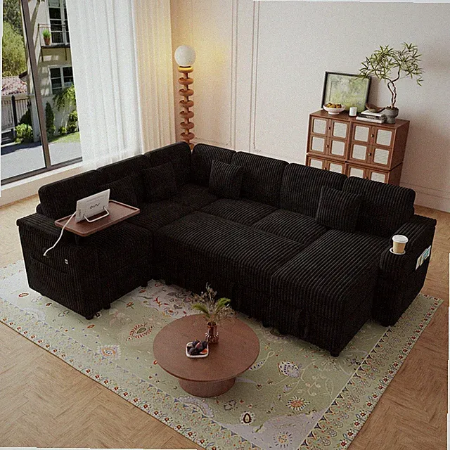 100-inch pull-out sofa with USB ports, table board and cup holder, comfortable