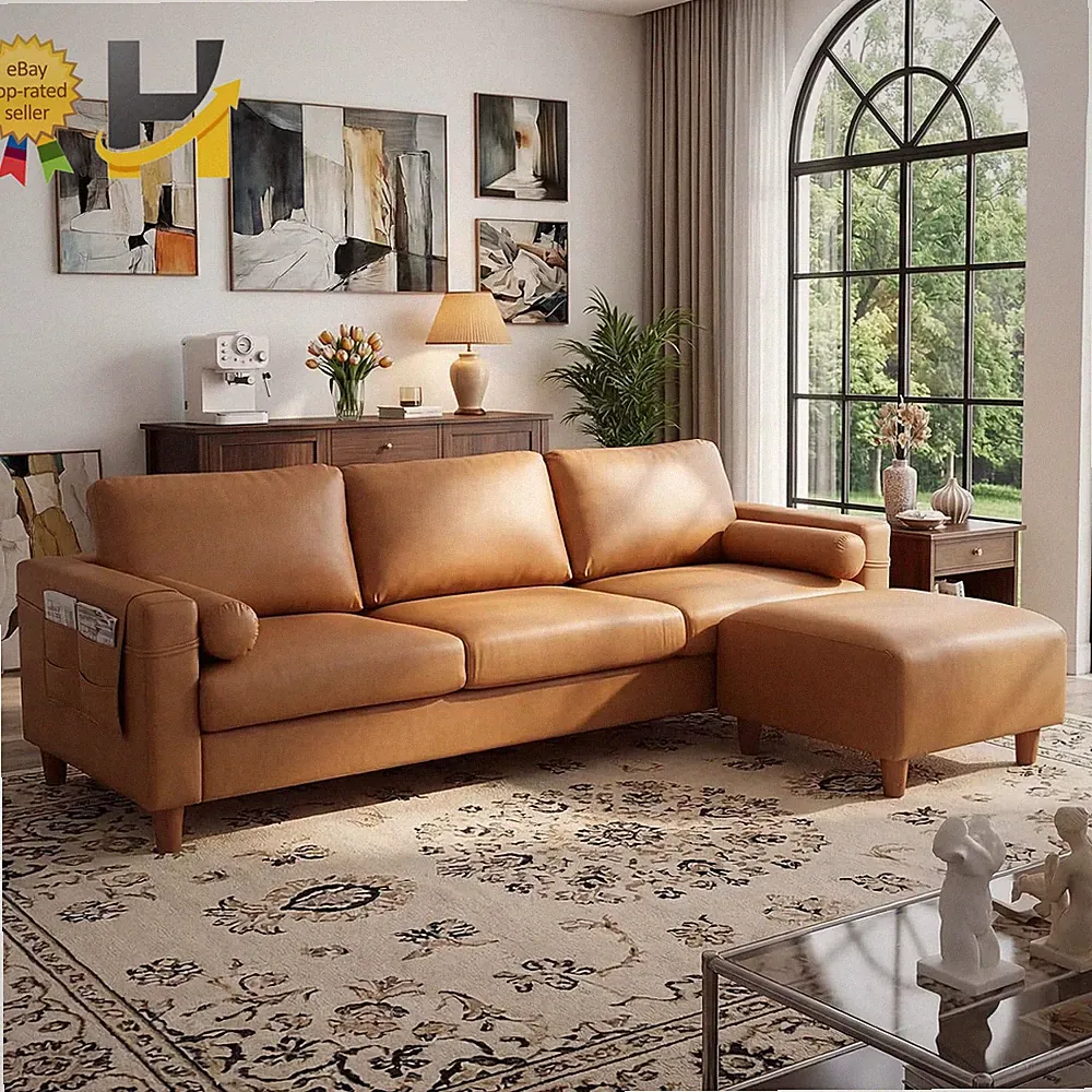 100" L-Shaped Faux Leather Couch Modular Sectional Sofa Camel 3 Wide Seater