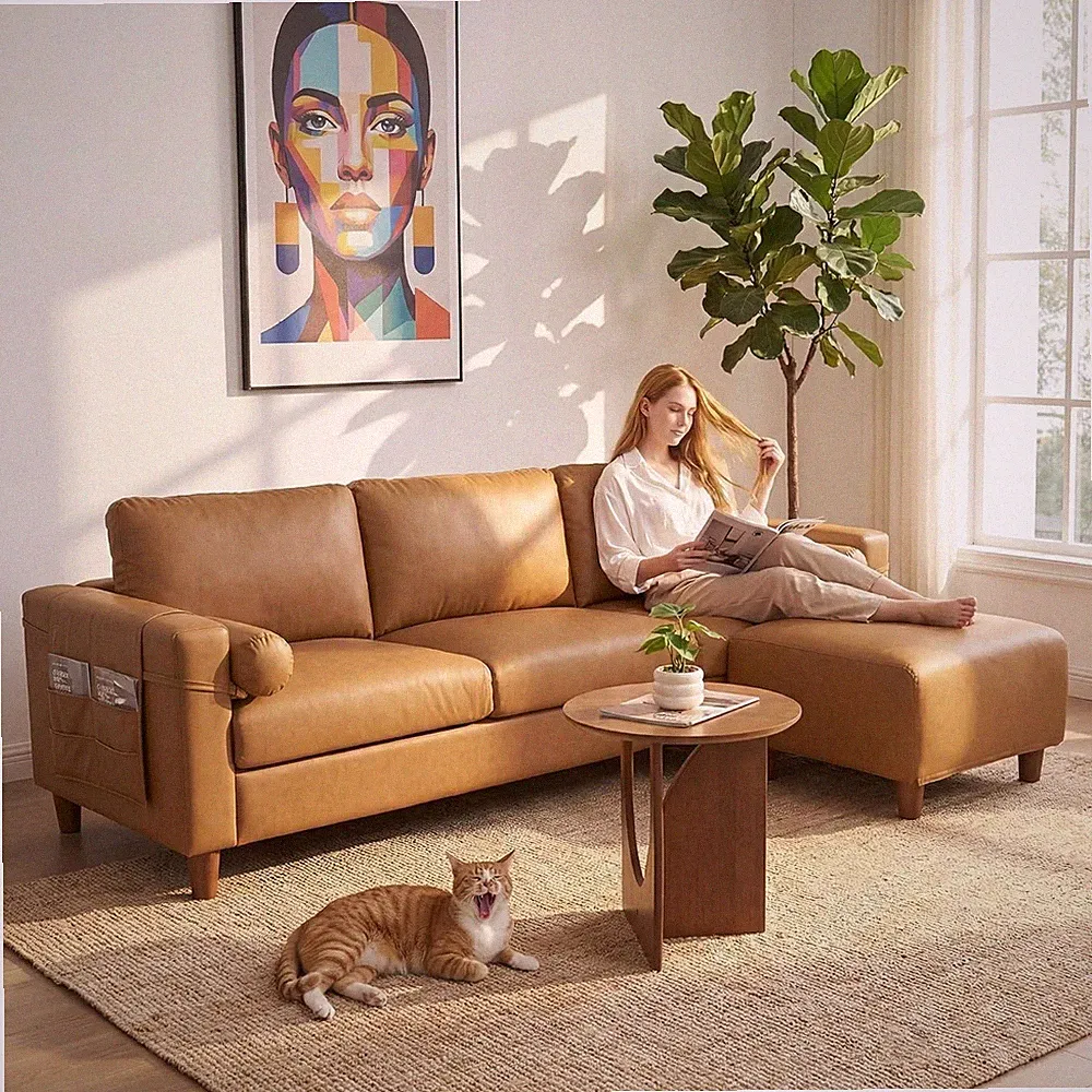 100" L Shaped Faux Leather Couch with Movable Ottoman, 3 Seater PU Leather