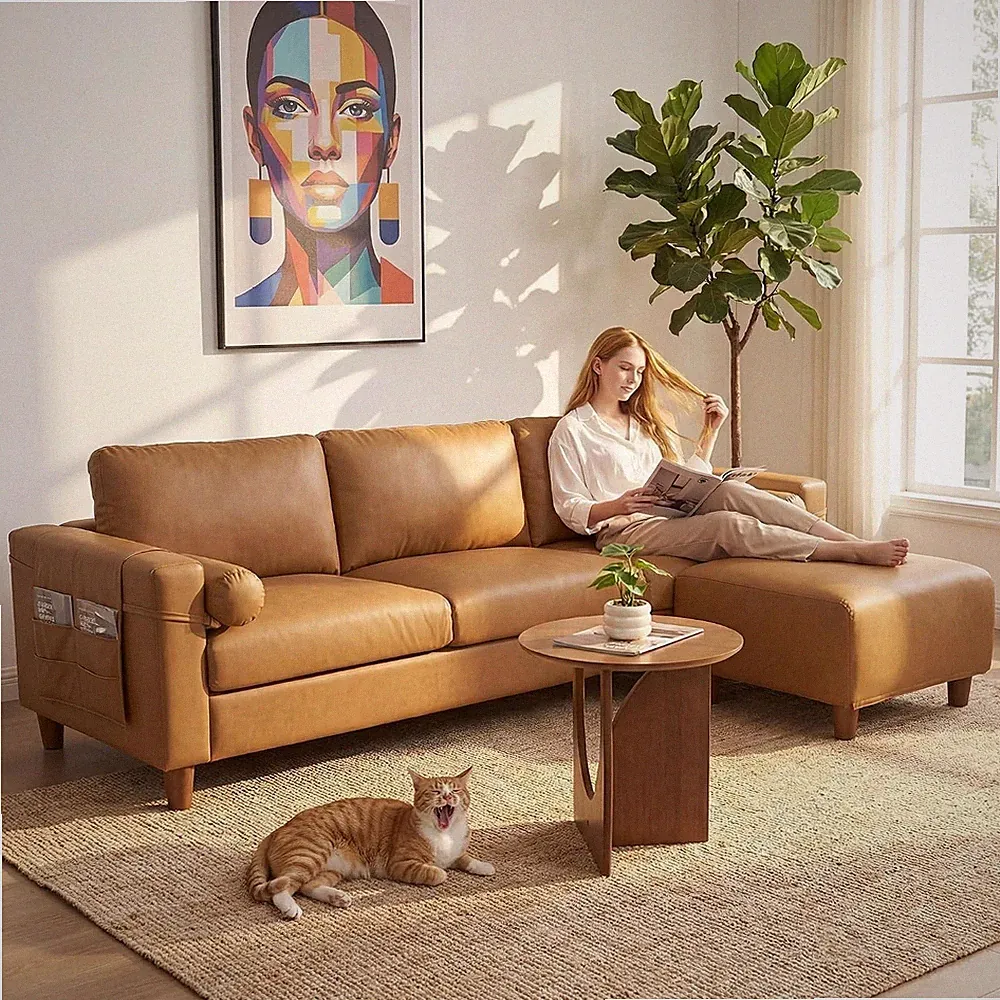 100" L-Shaped Faux Leather Modular Sectional Couch, Camel Tan 3 Wide Seater