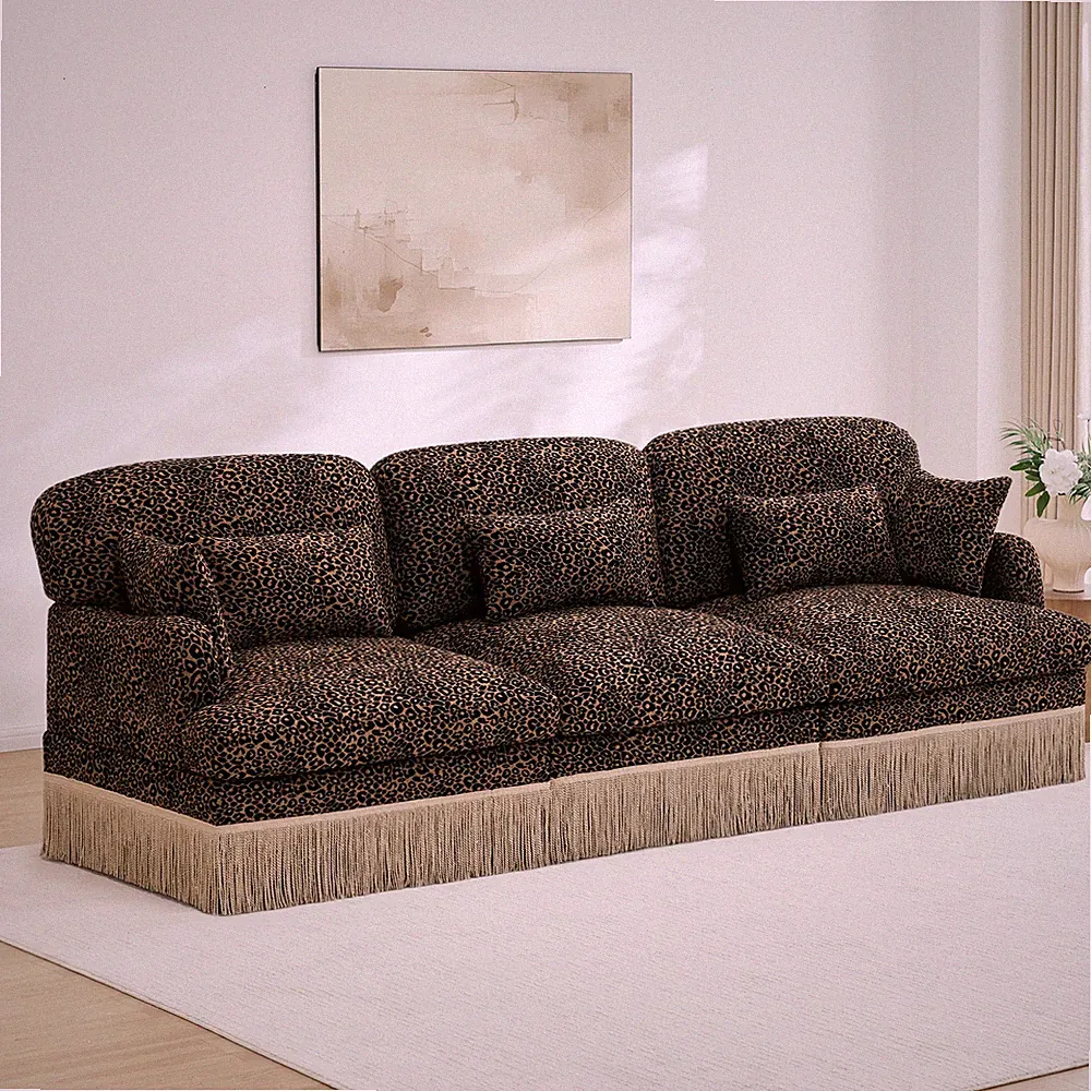 100" Leopard Print Modular Sectional Sofa with Tassel Trim, 3 Seater