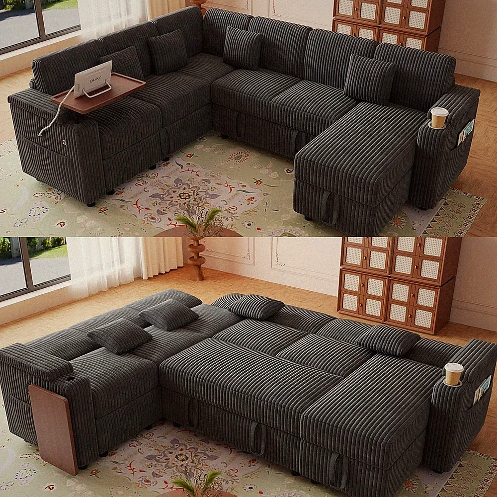 100'' Modular Sectional Sleeper Sofa, Reclining Corduroy Couch, Dark Gray