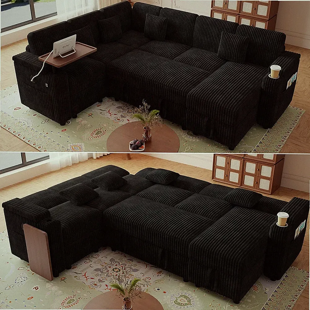 100'' Modular Sectional Sleeper Sofa, Reclining Corduroy Couch, Green