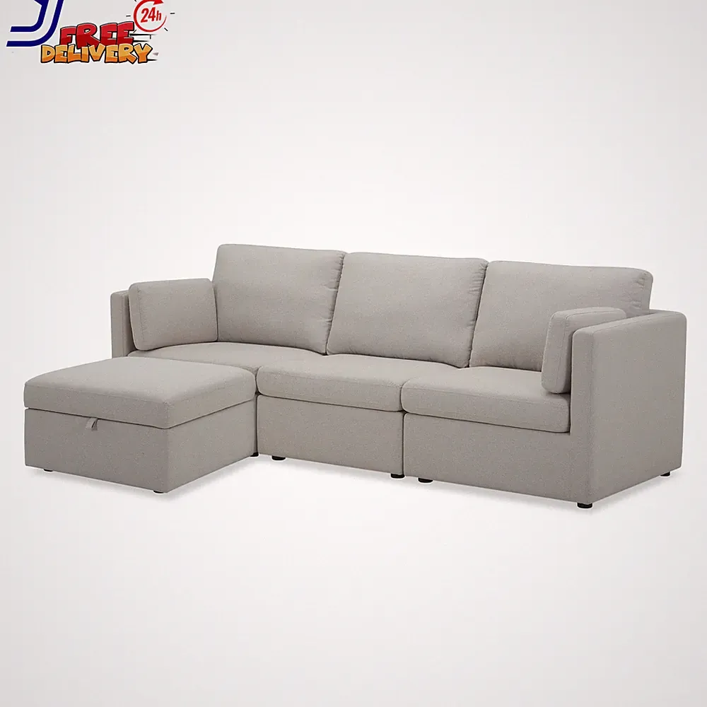 100'' Modular Sectional Sofa with Storage Ottoman White Linen FREE SHIPPING