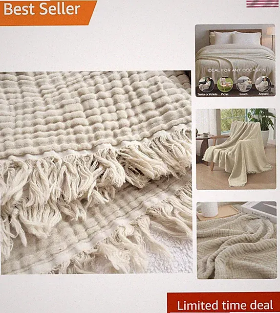 100% Organic Cotton Muslin Blanket 90"x104" King Size, Adults, Couch, Pre-Was...