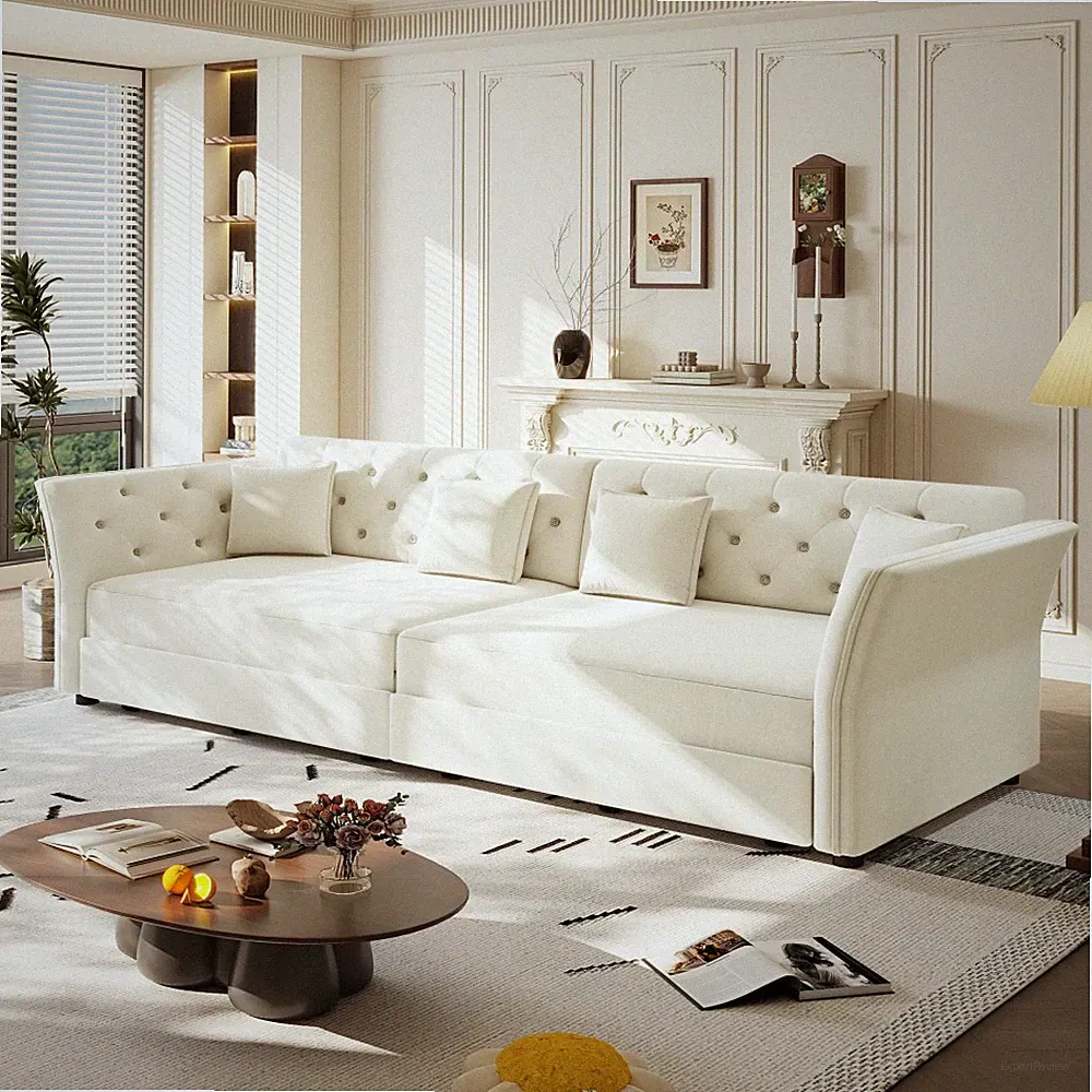 100" Oversize Pull Out Sofa Bed, Velvet Sleeper w/ Flower Tufting, Beige/White