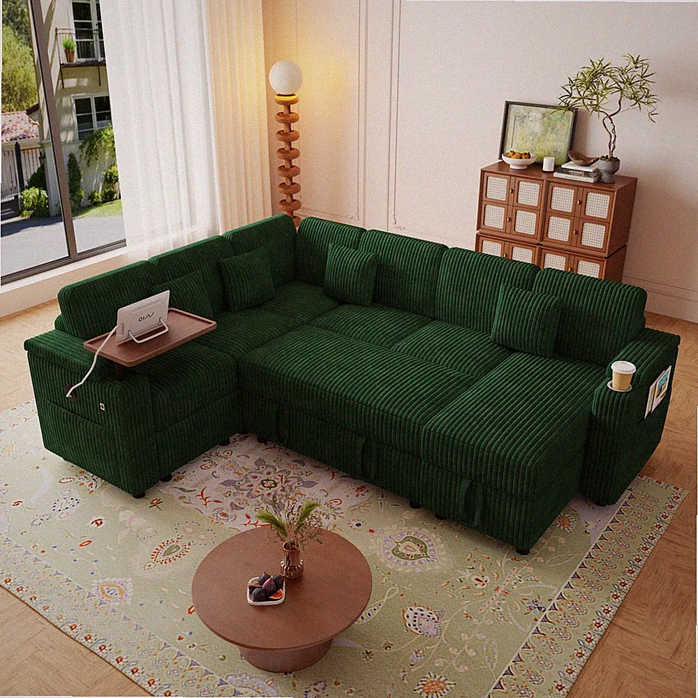 100" U-Shaped Sleeper Sectional Sofa Bed with USB Ports & Storage