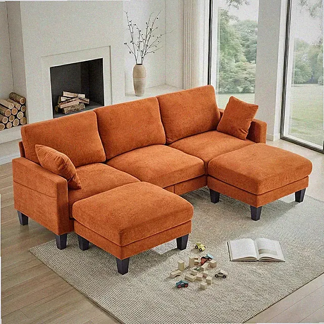 100" W U Shaped Couch with Ottoman, 22" Deep Seat Comfortable Sectional Couches